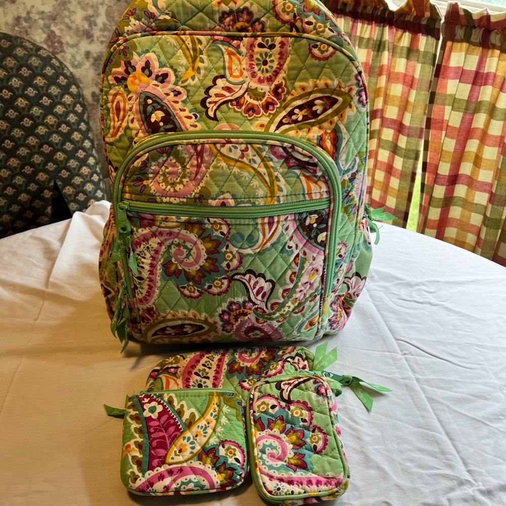 Vera Bradley large backpack,change purse ,small makeup bag and small wristlet